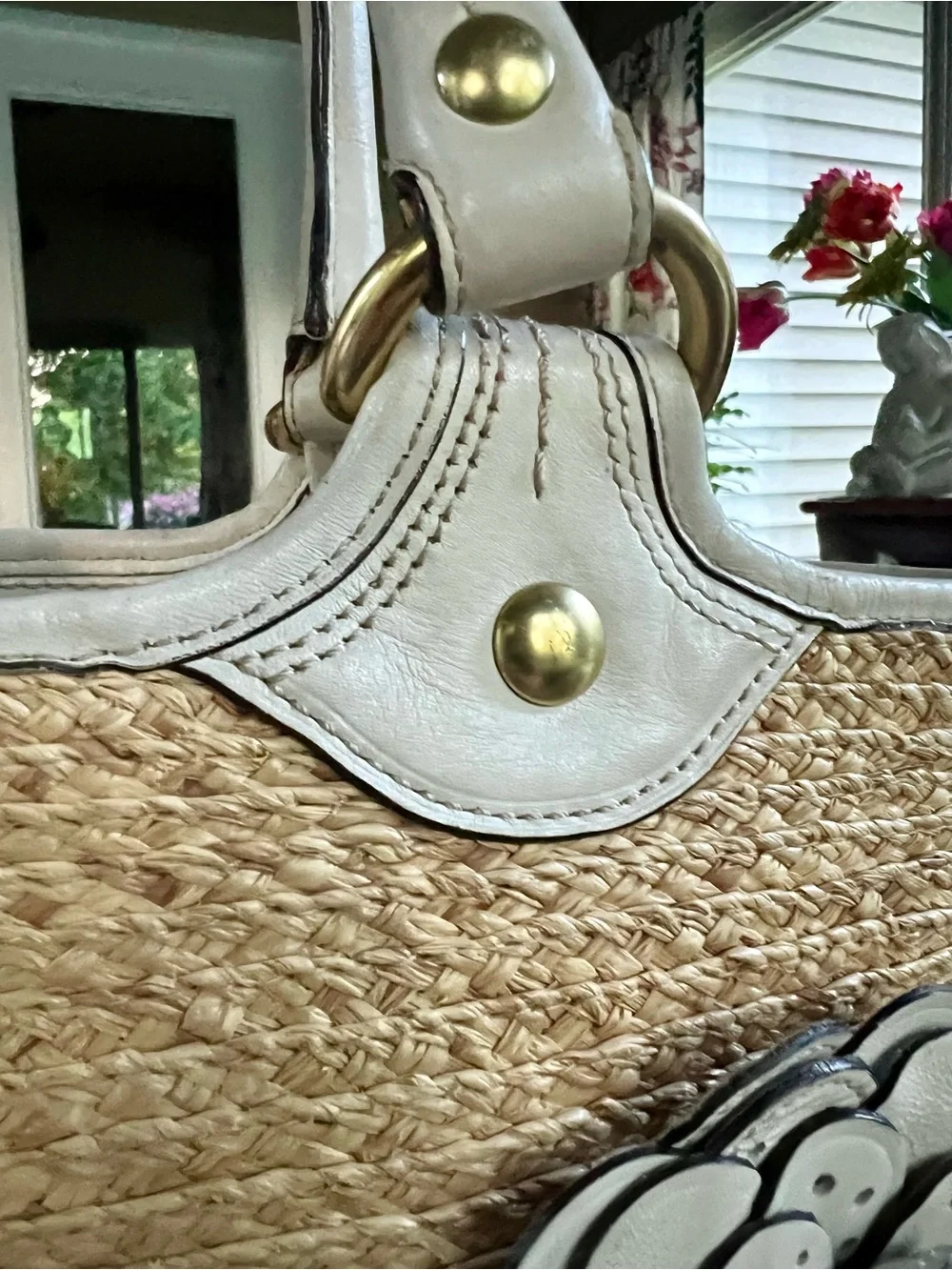 Coach Bleecker Straw Tote with White Leather Trim and Floral Accent